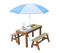 Axi Dennis Table Sable Et Eau Picnic Avec Cuisine Evier Et Banc Marron Parasol Bleu Blanc
