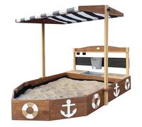AXI Dora bac à sable, forme bateau, en bois - 160x100x110 cm, avec cuisine, tableau noir et deux bacs à fleurs | Bâche de fond incluse