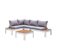 AXI Eos Salon de jardin avec chaise longue intégrée | Ensemble de salon extérieur en aluminium & PSPC en Blanc & look bois | Ensemble Table et Chaise, 4 personnes