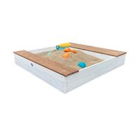 Bac à sable en bois AXI Evy avec bacs à eau, banc et espace de rangement | Bac à sable en gris et marron avec tapis de sol et bâche | 119 x 117 cm