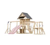 AXI Hunter Aire de Jeux en Bois, 2 Balançoires, Toboggan Double, Rose Pastel | Maisonnette XXL / Equipement de Jeux pour Enfants avec Structure d'Escalade, Pont Suspendu et Trapèze | Pour le jardin