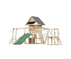 AXI Hunter Aire De Jeux en Bois, 2 Balançoires, Toboggan Double, Vert | Maisonnette XXL/Equipement De Jeux pour Enfants avec Structure d'escalade, Pont Suspendu Et Trapèze | pour Le Jardin