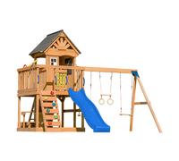 AXI Jack Aire de Jeux en Bois avec 2 Balançoires, Toboggan Bleu / Extérieur, Bac à Sable, Trapèze/Mur d'escalade | Portique