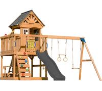 AXI Jack Aire de Jeux en Bois avec 2 Balançoires, Toboggan Gris / Extérieur, Bac à Sable, Trapèze/Mur d'escalade | Portique