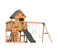 AXI Jack Aire de Jeux en Bois avec 2 Balançoires, Toboggan Gris / Extérieur, Bac à Sable, Trapèze/Mur d'escalade | Portique