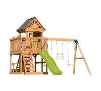 AXI Jack Aire de Jeux en Bois avec 2 Balançoires, Toboggan Jaune / Extérieur, Bac à Sable, Trapèze/Mur d'escalade | Portique