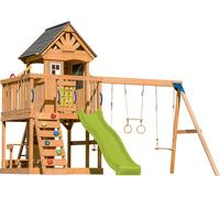 AXI Jack Aire de Jeux en Bois avec 2 Balançoires, Toboggan Jaune / Extérieur, Bac à Sable, Trapèze/Mur d'escalade | Portique