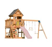 Axi Jack Aire De Jeux En Bois Avec 2 Balançoires, Toboggan Rose Pastel / Extérieur, Bac À Sable, Trapèze/Mur D'Escalade | Portique