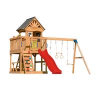 AXI Jack Aire de Jeux en Bois avec 2 Balançoires, Toboggan Rouge / Extérieur, Bac à Sable, Trapèze/Mur d'escalade | Portique