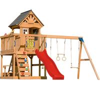 AXI Jack Aire de Jeux en Bois avec 2 Balançoires, Toboggan Rouge / Extérieur, Bac à Sable, Trapèze/Mur d'escalade | Portique