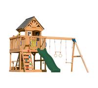 AXI Jack Aire de Jeux en Bois avec 2 Balançoires, Toboggan Vert / Extérieur, Bac à Sable, Trapèze/Mur d'escalade | Portique