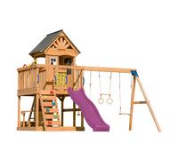 AXI Jack Aire de Jeux en Bois avec 2 Balançoires, Toboggan Violet / Extérieur, Bac à Sable, Trapèze/Mur d'escalade | Portique
