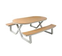 AXI Jax Table de Pique-Nique, Ovale, Aspect Teck pour 6 Personnes, Blanche | Meuble de Jardin avec Bancs Intégrés, Aluminium et Polywood | Ensemble pour l'extérieur | 200 x 190 x 75 cm