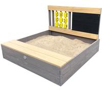 AXI Kitty Bac à sable en bois avec banc, espace de rangement, jeux du morpion | Bac à sable en anthracite et marron avec tapis de sol et couvercle |