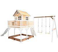 AXI Liam Maison Enfant avec Bac à Sable, 2 Balançoires & Toboggan Blanc | Aire de Jeux pour l'extérieur en marron & Blanc | Maisonnette / Cabane de