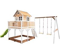 AXI Liam Maison Enfant avec Bac à Sable, 2 Balançoires & Toboggan Vert clair | Aire de Jeux pour l'extérieur en marron & Blanc | Maisonnette / Cabane