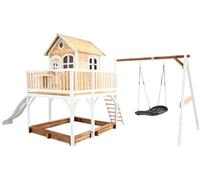 AXI Liam Maison Enfant avec Bac à Sable, Balançoire Nid d’Oiseau Noir & Toboggan Blanc | Aire de Jeux pour l'extérieur en marron & Blanc | Maisonnette / Cabane de Jeu en Bois FSC