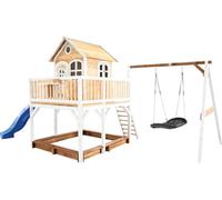 AXI Liam Maison Enfant avec Bac à Sable, Balançoire Nid d’Oiseau Noir & Toboggan Bleu | Aire de Jeux pour l'extérieur en marron & Blanc | Maisonnette / Cabane de Jeu en Bois FSC