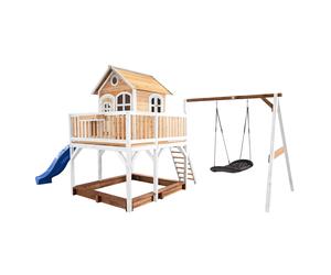 Axi Liam Maison Enfant Avec Bac À Sable, Balançoire Nid D’Oiseau Noir & Toboggan Bleu | Aire De Jeux Pour L'Extérieur En Marron & Blanc | Maisonnette / Cabane De Jeu En Bois Fsc