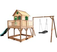 AXI Liam Maison Enfant avec Bac à Sable, Balançoire Nid d’Oiseau noir & Toboggan Vert | Aire de Jeux pour l'extérieur en marron & Vert | Maisonnette / Cabane de Jeu en Bois FSC