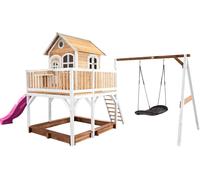 AXI Liam Maison Enfant avec Bac à Sable, Balançoire Nid d’Oiseau Noir & Toboggan Violet | Aire de Jeux pour l'extérieur en marron & Blanc | Maisonnette / Cabane de Jeu en Bois FSC