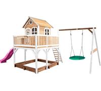 AXI Liam Maison Enfant avec Bac à Sable, Balançoire Nid d’Oiseau Vert & Toboggan Violet | Aire de Jeux pour l'extérieur en marron & Blanc | Maisonnette / Cabane de Jeu en Bois FSC