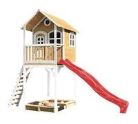 AXI Maison enfant sur pilotis ROMY Brun Blanc avec toboggan Rouge et bac à sable Rouge G