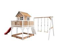 AXI Maisonnette pour enfants Liam – bac à sable, 2 balançoires, toboggan rouge – marron/blanc