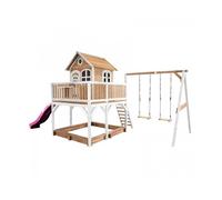 Axi Maisonnette LIAM Brun Blanc avec 2 balancoires et toboggan Violet et bac à sable