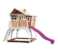 AXI Maisonnette Max – Maison de jeu en bois FSC avec bac à sable et toboggan violet, marron/blanc