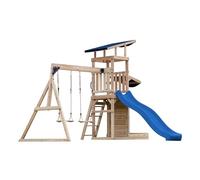 AXI Malik Aire de Jeux en Bois avec 2 Balançoires, Toboggan Bleu / Aire de Jeux Extérieur avec Bac à Sable et Mûr de Jeux/Toboggan avec raccordement à eau | Portique Balançoire/Jeux en Bois Extérieur