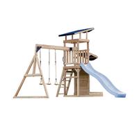 AXI Malik Aire de Jeux en Bois avec 2 Balançoires, Toboggan Bleu Pastel/ Aire de Jeux Extérieur, Bac à Sable, Mûr de Jeux/Toboggan avec raccordement à eau | Portique Balançoire/Jeux en Bois Extérieur
