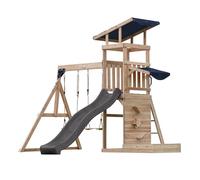 AXI Malik Aire de Jeux en Bois avec 2 Balançoires, Toboggan Gris/ Aire de Jeux Extérieur avec Bac à Sable et Mûr de Jeux/Toboggan