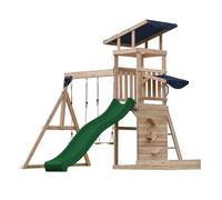 AXI Malik Aire de Jeux en Bois avec 2 Balançoires, Toboggan Vert/ Aire de Jeux Extérieur, Bac à Sable, Mûr de Jeux/Toboggan avec raccordement à eau | Portique Balançoire/Jeux en Bois Extérieur