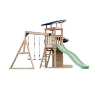 AXI Malik Aire de Jeux en Bois avec 2 Balançoires, Toboggan Vert Pastel/ Aire de Jeux Extérieur, Bac à Sable, Mûr de Jeux/Toboggan avec raccordement à eau | Portique Balançoire/Jeux en Bois Extérieur