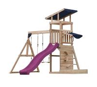 AXI Malik Aire de Jeux en Bois avec 2 Balançoires, Toboggan Violet/Aire de Jeux Extérieur avec Bac à Sable et Mûr de Jeux/Toboggan avec raccordement à Eau | Portique Balançoire/Jeux en Bois Extérieur