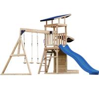AXI Malik Tour de jeux en bois avec 2 balançoires | Maison de jeux XXL / Aire de jeux pour enfants avec bac à sable, mur de jeux & toboggan en bleu | Structure de balançoire pour