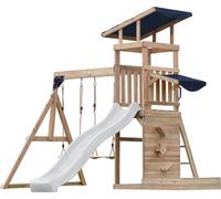 AXI Malik Tour de jeux en bois avec 2 balançoires | Maison de jeux XXL / Aire de jeux pour enfants avec bac à sable, mur de jeux & toboggan en blanc | Structure de balançoire pour