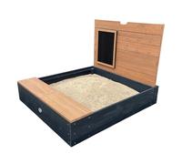 AXI Mandy Bac à sable en bois avec banc, espace de rangement, couvercle et tableau noir - 100 x 90 cm | Bac à sable en anthracite et marron avec tapis de sol