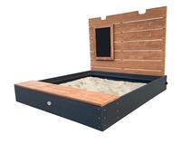 AXI Mandy XL Bac à sable en bois avec banc - 130 x 120 x 98 cm, espace de rangement, couvercle et tableau noir | Bac à sable en anthracite et marron avec tapis de sol