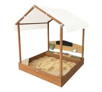 AXI Meli Bac à sable et Maisonnette de Jeu en Bois avec Cuisine et Toit - Marron | Avec Tableau Noir, réservoir d'eau et 6 accessoires | Revêtement de sol et housse | 120 x 120 x 144,5 cm