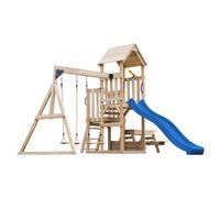 AXI Mette aire de jeux en bois avec 2 balançoires, toboggan bleu, table de pique nique / aire de jeux extérieur avec balançoires/ bac à sable/téléscope| portique balançoire/jeux en bois extérieur