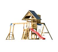 AXI Mitch Aire de Jeux en Bois avec 2 Balançoires, Toboggan Rouge / Extérieur, Bac à Sable, Trapèze/Mur d'escalade | Portique