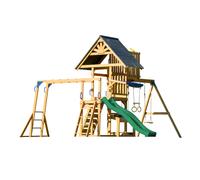 AXI Mitch Aire de Jeux en Bois avec 2 Balançoires, Toboggan Vert / Extérieur, Bac à Sable, Trapèze/Mur d'escalade | Portique