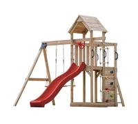 AXI Moos Aire de Jeux en Bois avec 2 Balançoires, Echelle en Corde, Toboggan Rouge/Aire de Jeux Extérieur avec balançoires/bac à Sable/Mur d'escalade | Portique Balançoire/Jeux en Bois Extérieur