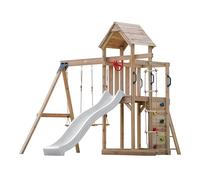 AXI Moos Aire de Jeux en Bois avec 2 Balançoires, Toboggan Blanc, Echelle en Corde/Aire de Jeux Extérieur avec balançoires/bac à Sable/Mur d'escalade | Portique Balançoire/Jeux en Bois Extérieur