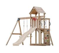 AXI Moos Aire De Jeux en Bois avec 2 Balançoires, Toboggan Crème, Echelle en Corde/Aire De Jeux Extérieur avec Balançoires/Bac À Sable/Mur d'escalade | Portique Balançoire/Jeux en Bois Extérieur