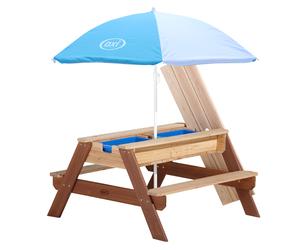 Axi Nick Table Sable Et Eau / Pique Nique Avec Parasol En Bois Marron | 95 X 97 X 48 Cm | Avec Couvercle, Boîtes De Rangement & Parasol | Extérieur Pour Le Jardin