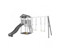 AXI Aire de jeux Beach Tower – Toboggan gris, 2 balançoires, bac à sable – Bois FSC Gris/Blanc