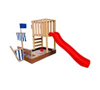 AXI Vicky Aire de Jeux en Bois avec Toboggan Rouge / Aire de jeux extérieur, bac à sable, cuisine de jeu et tableau noir | Jeux en Bois Extérieur